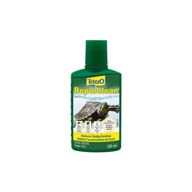 ReptoClean Reptile Terrarium Water Treatment 100 mL green bottle with a turtle image on the label, formulated to reduce sludge buildup, detoxify water, and extend cleaning intervals in reptile aquaterrariums treating 100 gallons, promoting a healthy biological balance and easing filter load.