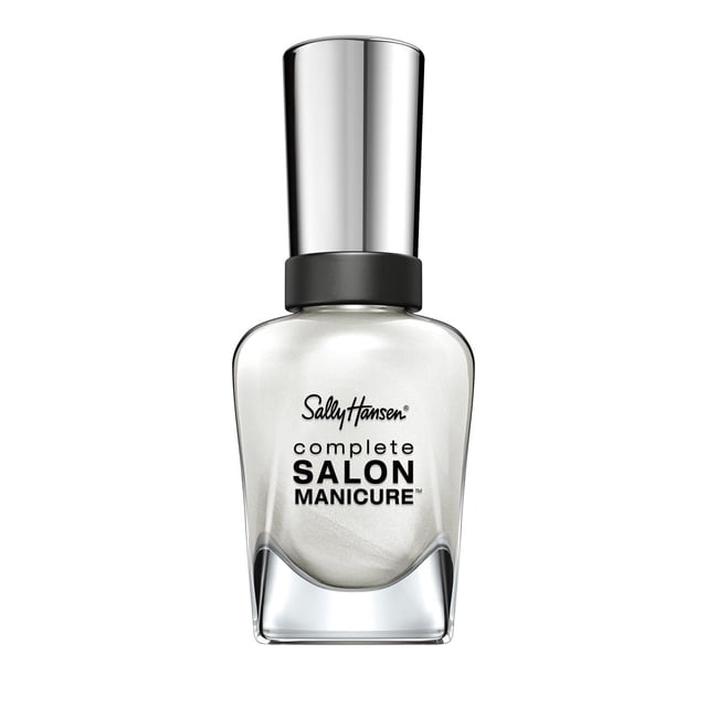 Sally Hansen Complete Salon Manicure Nail Polish in pearlescent white with a clear glass bottle and reflective silver cap, featuring a keratin complex for stronger nails, chip resistance, and a precision brush for easy, salon-quality application at home.