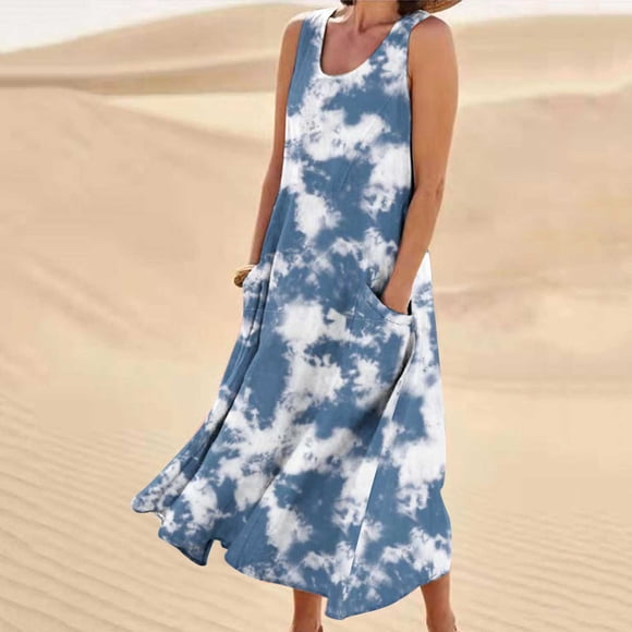 Summer Savings kcavykas Plus Size Summer Dresses for Women 2024, Women's Summer Casual Printing Sleeveless Round Neck Pocket Dress on Clearance