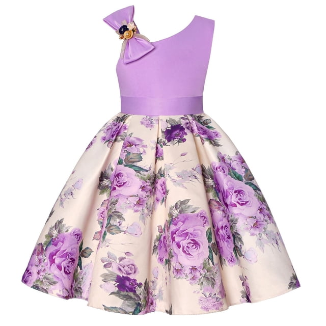 Ketyyh-chn99 Robe de Demoiselle d'Honneur Robe de Plage Sans Manches à Imprimé Floral Princess Girls Robe Courte Décontractée à Manches Longues Violet, 4-5 Ans