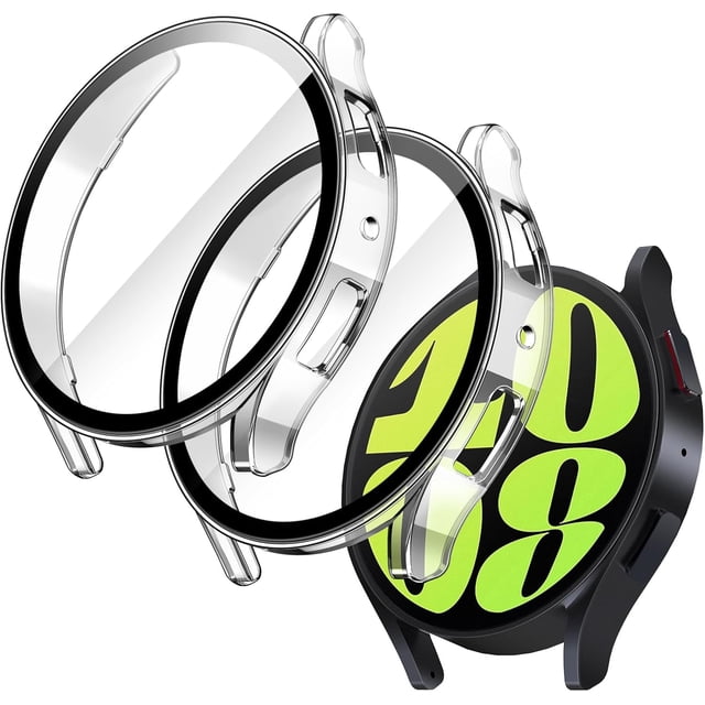 KOMI Case with Screen Protector for Samsung Galaxy Watch 6 44mm, Overall Protective Cover, Built-in Tempered Glass Film High Sensitivity, 2 Pack (Black)