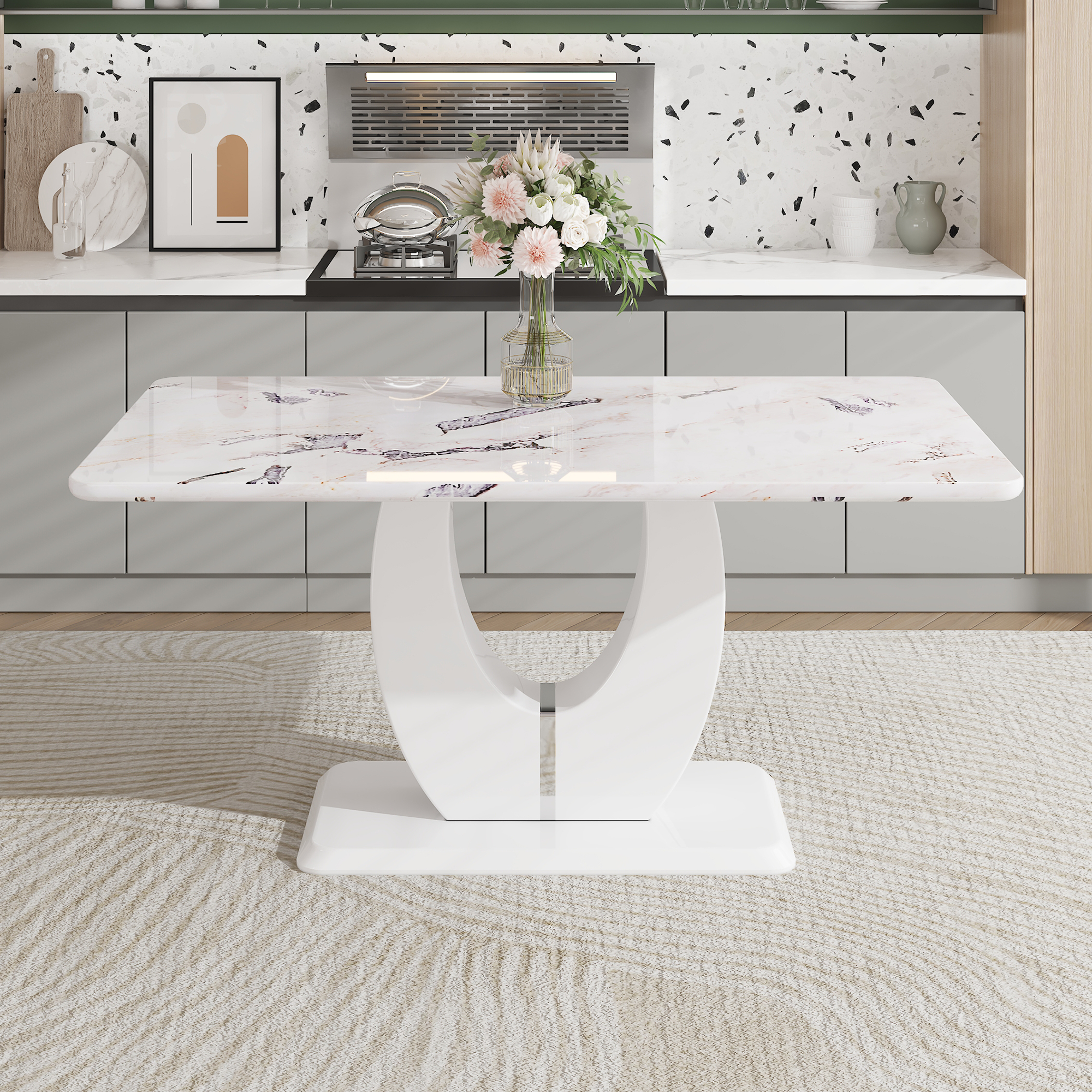 Noble House Table de salle à manger moderne en MDF 160 cm, plateau texturé marbre gris, blanc