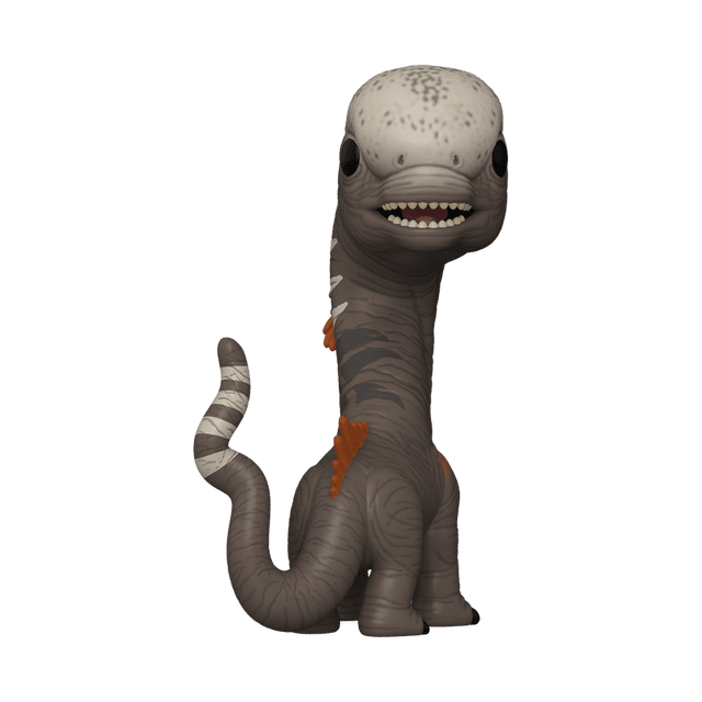 Funko Pop! Movies: Jurassic World - Titanosaurus Vinyl Figure showing a front-facing stylized dinosaur with a large rounded head, black eyes, open mouth with teeth, gray body with darker stripes and orange accents, and a curled tail with white bands, standing over three inches tall, suitable for collectors or casual fans of vinyl figures.