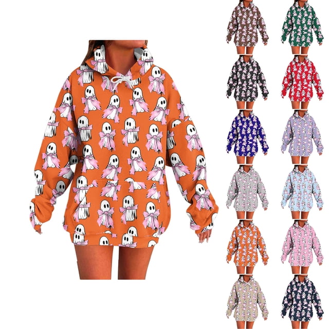 Horkkom Chandails à Capuchon d'Halloween pour Femmes Mode Décontractée Dames Hauts Imprimés à Manches Longues Blouse Chandails à Capuchon