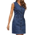 thumbnail image 1 of Birdeem Robe d'Été Sans Manches pour Femmes, Col en V, Hauteur Genou, Couleur Unie, Boutons en Denim, 1 of 1