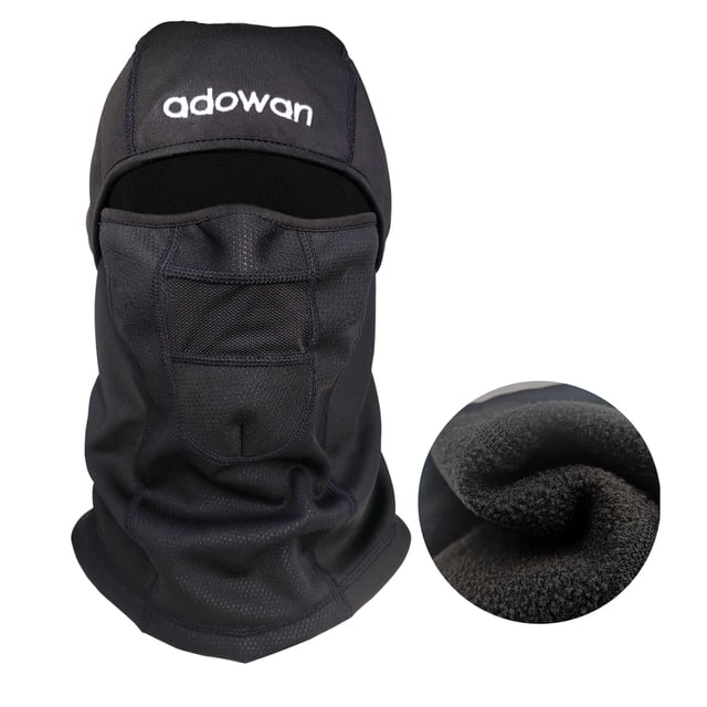 Adowan Balaclava Ski Mask- Fleece Thermal Breathable Winter Gear Neck Warmer Windproof Cold Weather Face Mask, Black centered front-facing view of a black Lycra-and-fleece balaclava with fitted hood silhouette, breathable mesh panel over nose and mouth, stretchy one-size-for-most adult fit shown as full-face mask with neck coverage; often used for skiing or cycling and suitable as a neck gaiter or bandana.