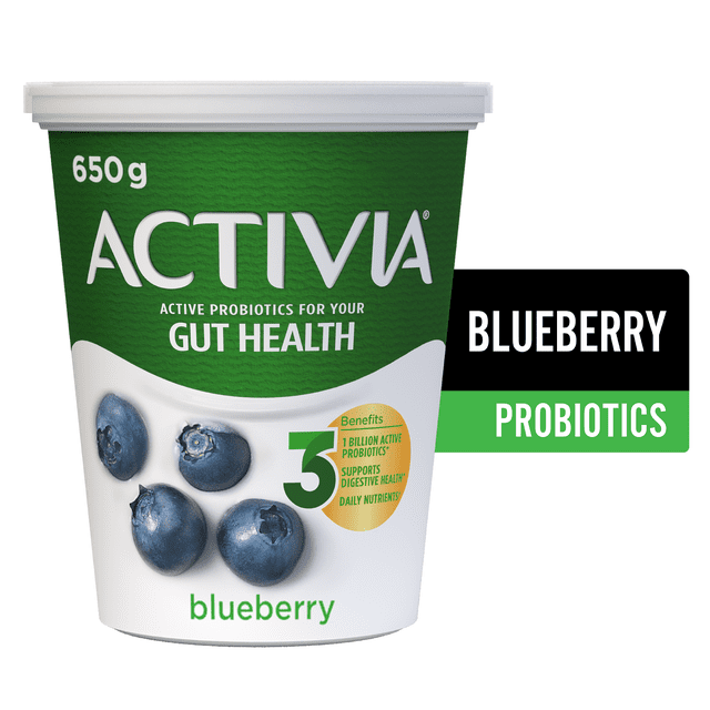 Activia Yogourt Probiotique Bleuet Contenant de 650 g avec Emballage Vert et Blanc Comprenant des Bleuets et un Texte Mettant en Valeur 3 Bienfaits, Dont 1 Milliard de Probiotiques Actifs, Soutien à la Santé digestive et Nutriments Quotidiens pour la Santé de la Flore Intestinale, Convient à une Consommation Régulière de Yogourt.