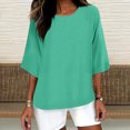 thumbnail image 2 of QATAINLAV Ventes de Rentrée Scolaire, T-Shirts Surdimensionnés pour Femmes Manches 3/4 Col Ras du Cou Hauts Décontractés Amples T-Shirts Basiques Blouse Coton Lin Tenues Tendance Été 2025 Vert Menthe G, 2 of 5