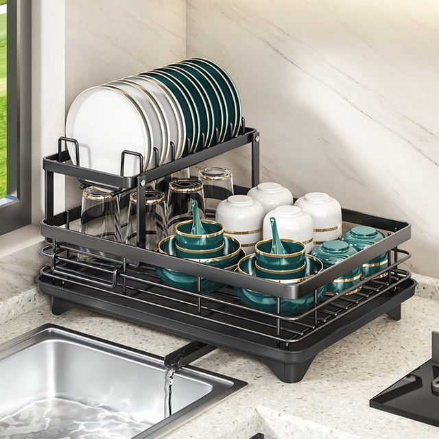 Qaailabf Clearance Sales Today Deals Prime Dish Drying Rack Dish Drainer for Kitchen Counter with Utensil 2 Tier Dish Rack with Drainboard. A black carbon steel dish rack with a two-tier design, ideal for kitchen counter organization. It holds plates, bowls, cups, and utensils, featuring a drainboard for efficient water drainage and a compact, space-saving design.