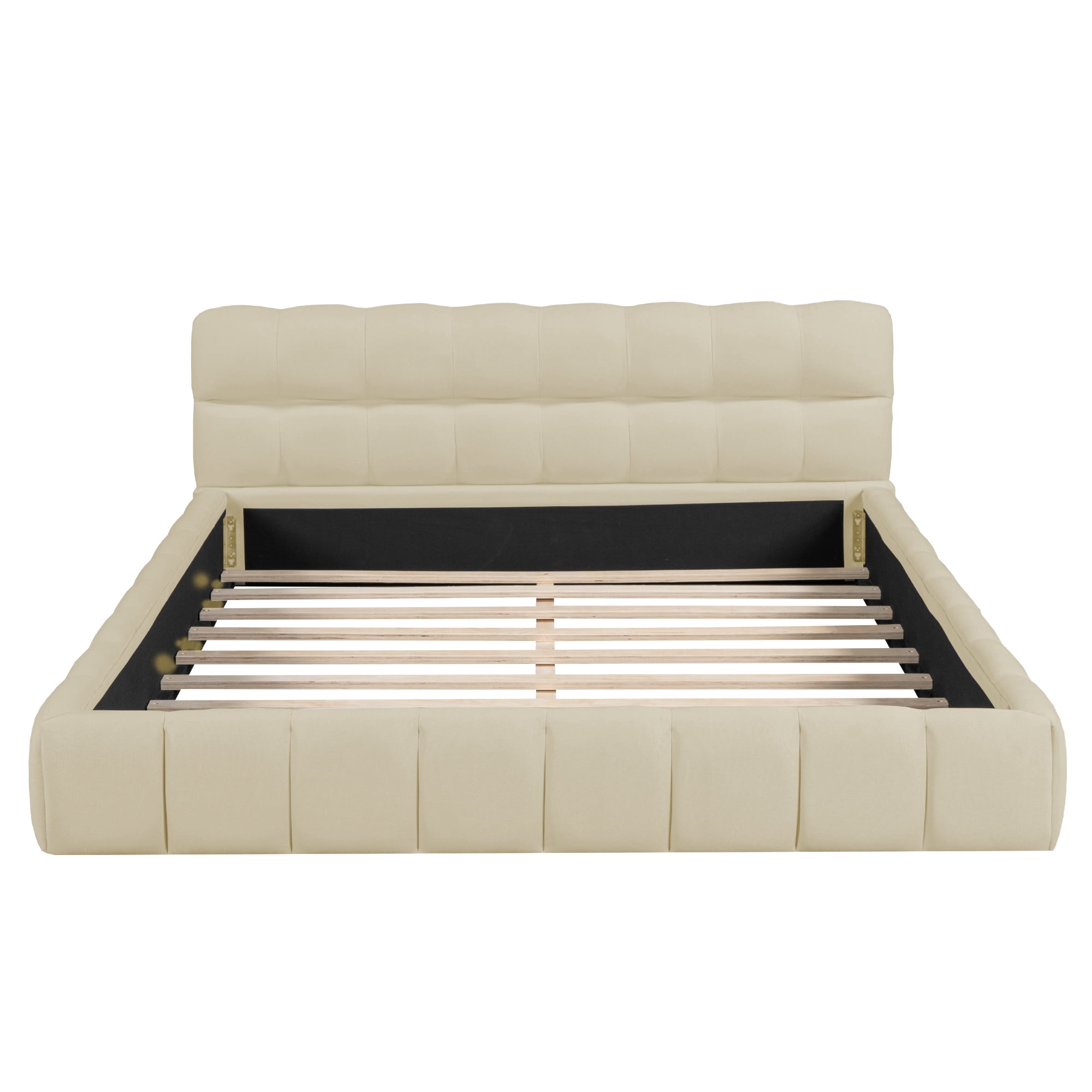 Noble House Lit Queen rembourré plate-forme, lit à terre en tissu épais avec cadre solide,Beige