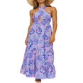 thumbnail image 3 of Femmes Été Crossover Licol Cou Sans Manches Plaid Découpé Dos Nu Flowy une Ligne Maxi Robe Rose XL, 3 of 7