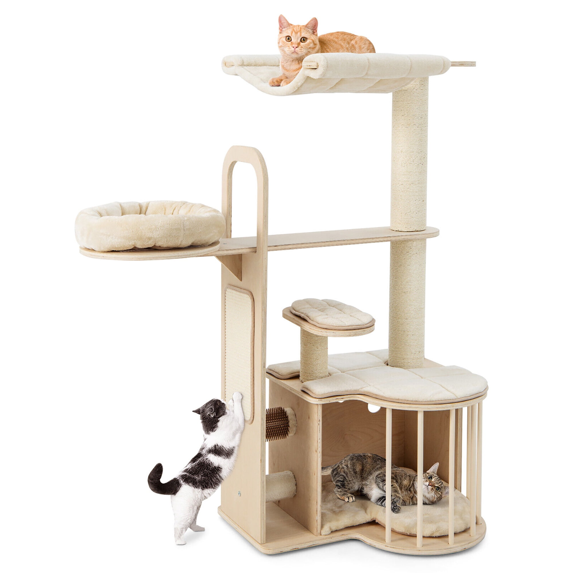 Gymax 55'' Tall Cat Tree Tower Multi-Layer Wooden Activity Center w/ Rest Condo & Hammock