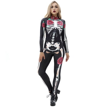 Combinaison pour Femmes d'Halloween, Combinaison Fantaisie avec Costume de Squelette, Justaucorps de Cosplay
