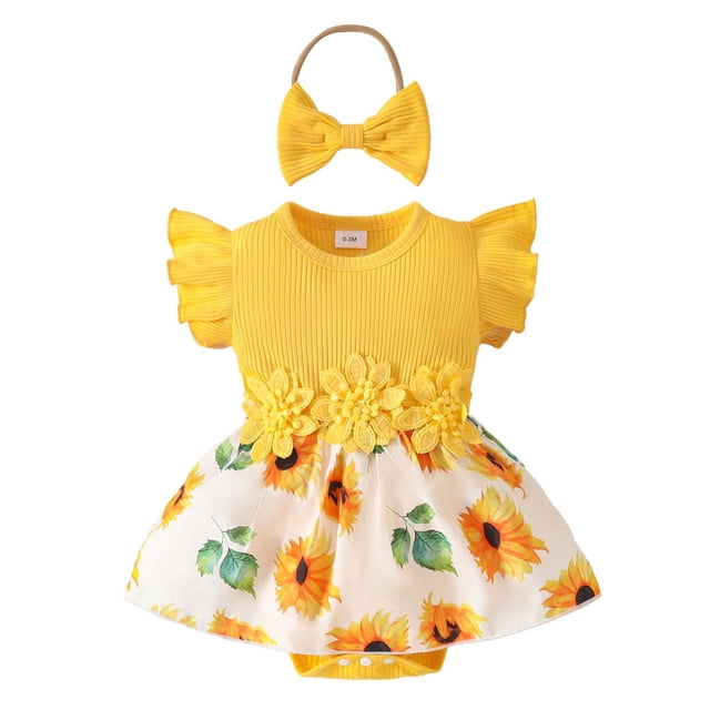 GPOECD Baby Girls Sleeveless Ribbed Floral Applique Dress Summer Casual Romper with Textured Fabric Sleeveless Rompers for Girls Yellow-e,12-18 Months
