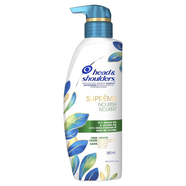 Head & Shoulders Supreme Sulfate Free Nourish Anti-Dandruff Shampoo in a 350 mL white bottle with blue and gold leaf designs and a blue pump dispenser, enriched with argan and jojoba oils, free from sulfates, parabens, dyes, phosphates, and phthalates, suitable for moisturizing and soothing dry scalp.