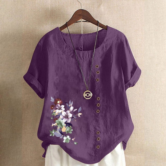 Blouses pour Femmes, Haut Décontracté en Lin Imprimé à Manches Courtes avec Boutons
