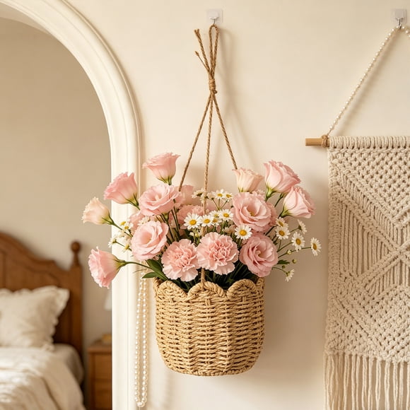 Wicker Picnic Basket Wall Mounted - Woven Storage Basket for Decorative ornament Hanging Bohemian Wall Decor for Living Room, Khaki, JKODE
