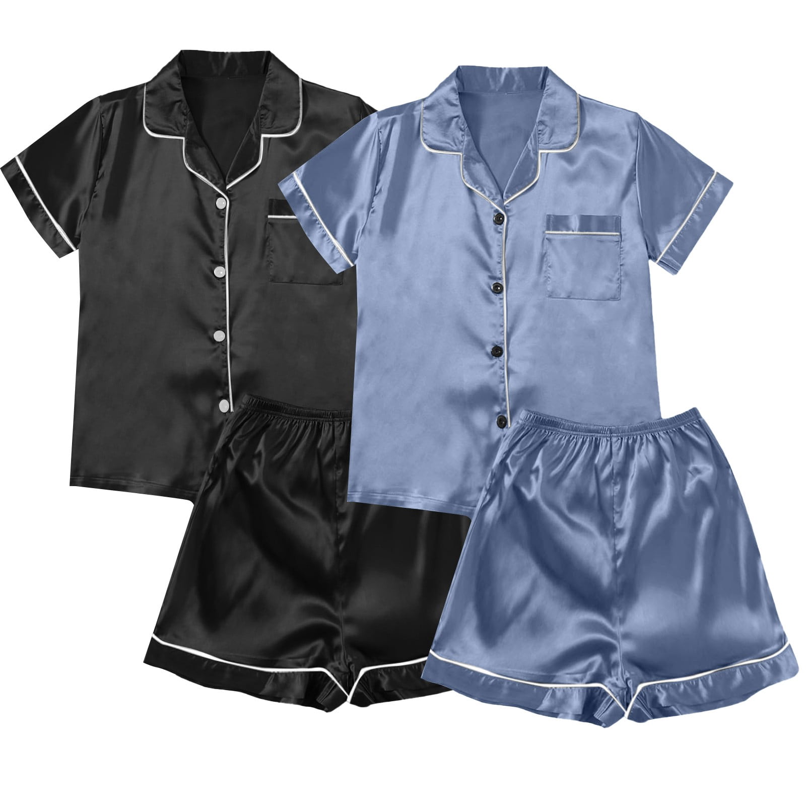 ZJXFGS Sleepwear for Women, Women Pajamas, Satin Pyjamas Women's Short 4 Piece Pyjamas Short Sleeve Sleepwear and Shorts Set Women Leisure Suit Loungewear, Short Pajama Set for Women Black 4XL