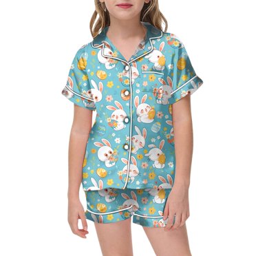 PMVFHDE Girls Easter Outfit Pajama Set - Bunny Print Button-Up Shirt & Elastic Waist Shorts, Breathable Cotton Sleepwear Home Outfit for Toddler to Kids Light Blue,4-5 Years
