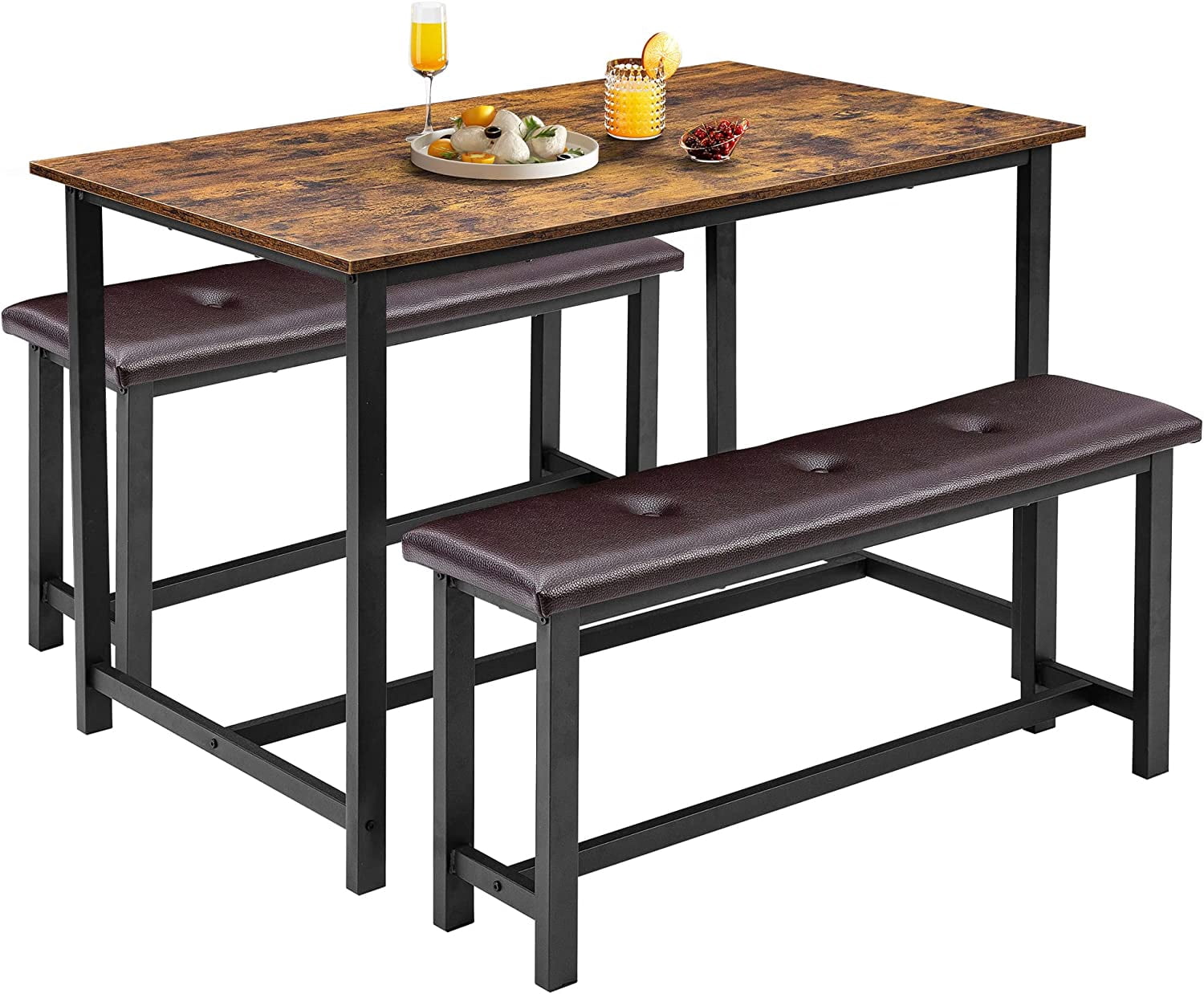 Dining Table 3 PCs of Set with Upholstered Benches, Space Saving Kitchen Bench Dining Table Set, Rectangular Dining Table for Home, Kitchen , Rustic Brown