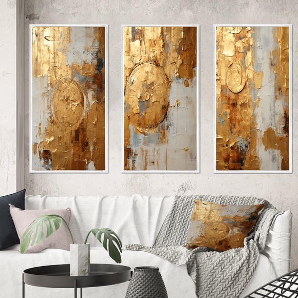 Designart "Togetherness in Vintage Gold II" Abstract Painting Framed Wall Art Set Of 3 - Gold Modern Frame Gallery Wall Set For Home Decor