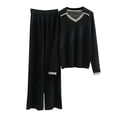 thumbnail image 1 of Yuyuzo Womens Ribble Knit Fall 2 Piece Sets Long Sleeve Lapel V Neck Shirts with Straight Leg High Waisted Pants, 1 of 4