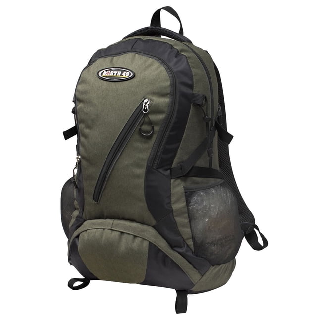 North 49 Hiker Daypack olive backpack with black accents, 45 L capacity, large main compartment, two front zip compartments, mesh side bottle pockets, padded top grab handle, side compression straps with quick-release buckles, and external webbing loops for gear attachment, often used for hiking and outdoor activities.