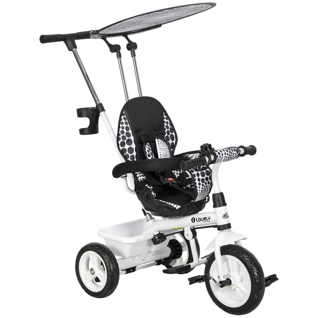 Qaba 6 in 1 Kids Tricycle with Removable Handlebar and Canopy, White. A toddler push bike that transforms into a bike stroller, featuring a detachable push handle, foldable canopy, and robust EVA wheels for smooth rides. Includes a 5-point safety harness, dual braking system, and built-in basket for storage. Suitable for children aged 12-60 months.