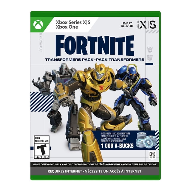 Fortnite - Transformers Pack Code in Box (Xbox) displaying three robot characters in yellow, blue, and gray on the cover, including 1,000 V-Bucks and 11 Fortnite cosmetics such as outfits and emotes, compatible with Xbox Series X|S and Xbox One, rated Teen by ESRB.