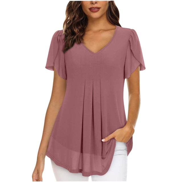 Timegard Hauts pour Femmes Été Chiffon Col en V Manches Courtes Pétale Blouse Plissée Fluide Tunique Décontractée Hauts