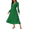 thumbnail image 4 of INSPIRE CHIC Robe Plissée pour Femme Manches Longues Bouffantes Col en V Robe avec Ceinture à la Taille G Vert Foncé, 4 of 7