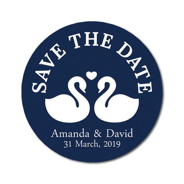 Darling Souvenir Round 45 Pcs Loving Swans Save The Date Stickers Personalized Bride Groom Names And Date Envelope Seals - Navy Blue
