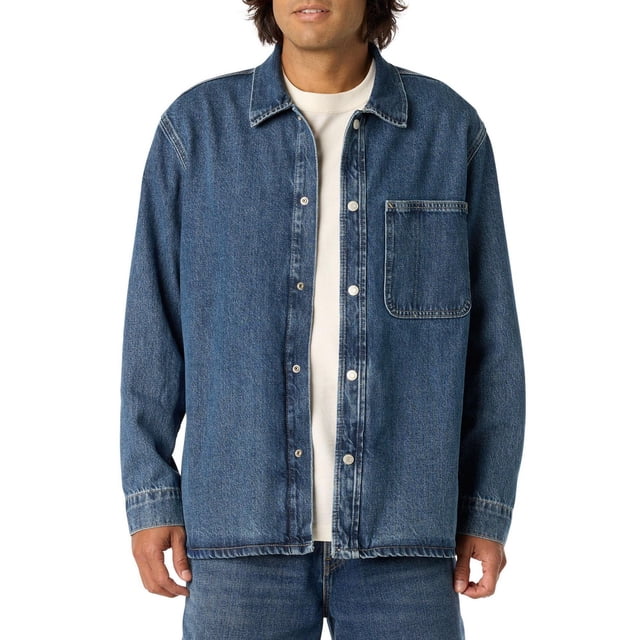Levi Strauss Signature™ Men’s Utility Jacket in blue denim with relaxed fit and snap-front closure, featuring one chest pocket and triple-needle stitching, worn over a white shirt, ideal for workwear and casual layering.