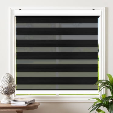 Biltek Zebra Cordless Window Blinds, Dual Layered Light Filtering Roller Shades, Easy Install Blinds, Indoor Home Decor, Pull-Down Shades for Windows, Light Control for Day & Night, Black, 71"W X 72"H
