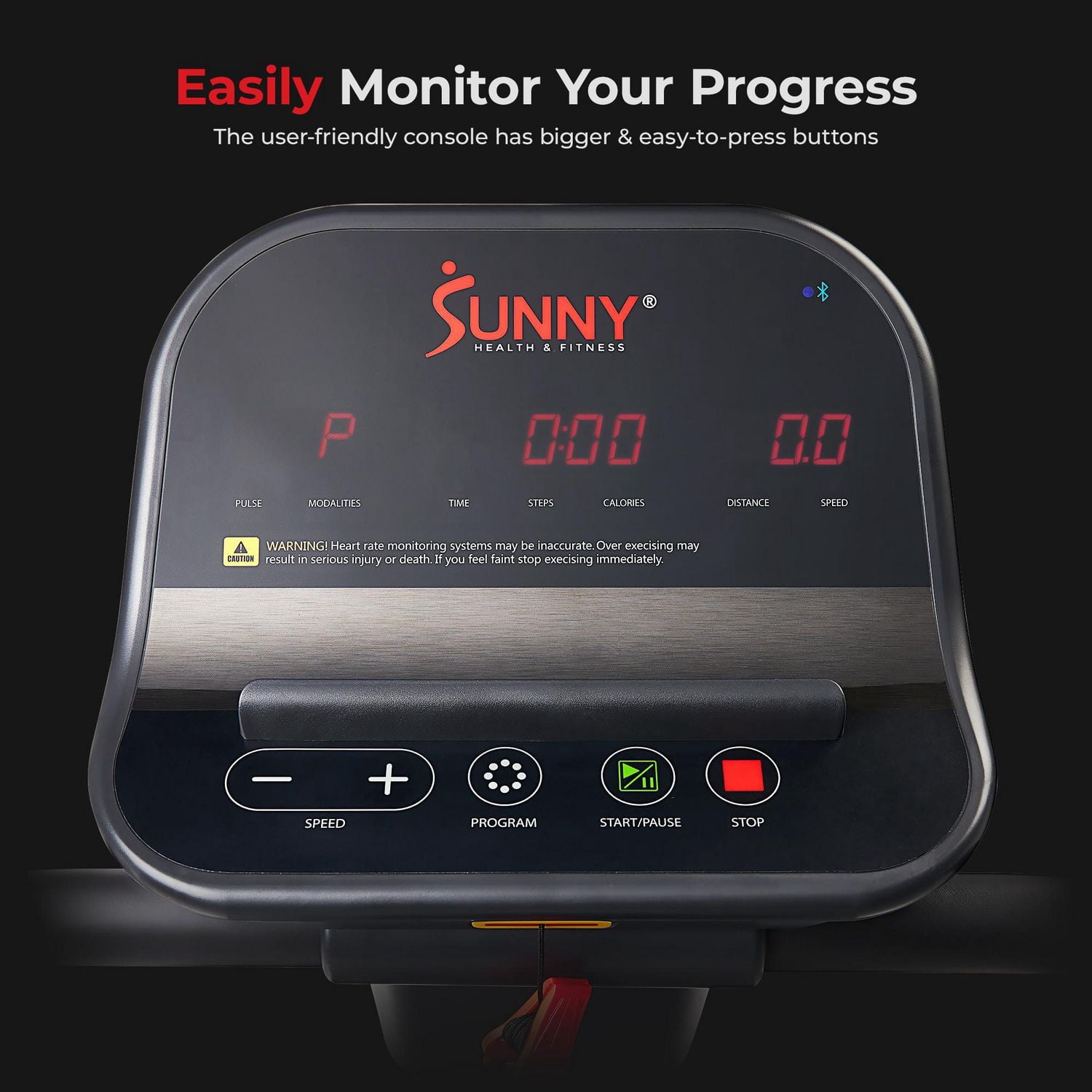 Sunny Health & Fitness Endurance Cardio Running Walking Treadmill avec des rampes de sécurité prolongées, faible impact, plateau large et bas, sûr pour la récupération et connectivité Bluetooth amélio