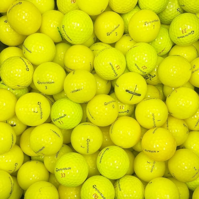 Mulligan - 100 Taylormade Mix AAA recycled used golf balls in yellow, close-up top-down view showing dimpled surface and TaylorMade logos with various numbers, ideal for eco-friendly golf practice and players of all skill levels.