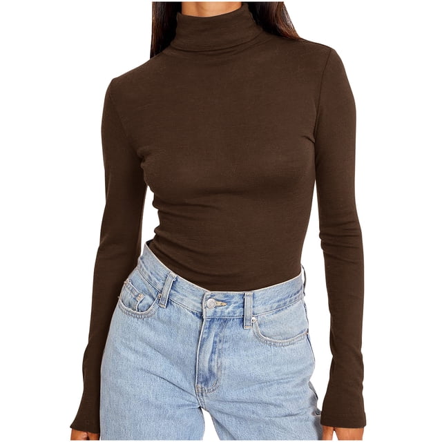 Dealovy Long Sleeve Shirts for Women Plus Size High Neck Basic Going out Tops Solid Color Undershirts