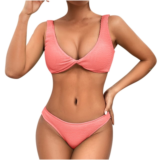 Penkiiy Women Triangle Halter Thong Bikini Set Ruffle Sexy String Two Piece Swimsuit Bathing Swimwear in XL size and pink color. The two-piece swimwear features a triangle halter top with ruffle details and a thong-style bottom. Made from polyester, the fabric is elastic, durable, and comfortable. The high-cut design accentuates the figure, while the solid pink color adds a stylish touch. Suitable for swimming, beach outings, or poolside lounging.