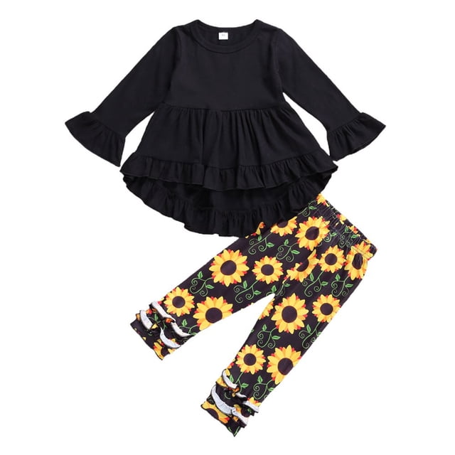 PENGXIANG 2 Pcs Children Set Flared Long Sleeve Top Elastic Flower Print Long Pants 1-6 Years