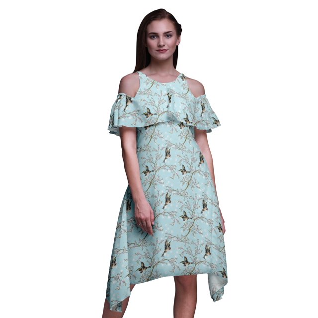 Bimba Robe Droite à Épaules Dénudées Style Chic pour Femmes à Imprimé d'Oiseaux Verts Tunique d'Été - Grand