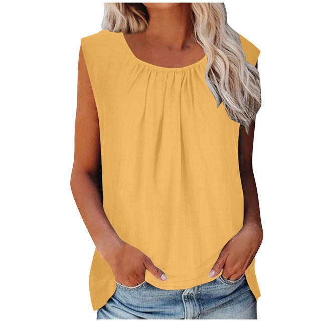 lcziwo Débardeur Estival Décontracté pour Femme Froncé Sans Manches en Coton et Lin Tunique Col Rond Confortable Doux Coupe Ample Gilet Chemise, Jaune, TTG