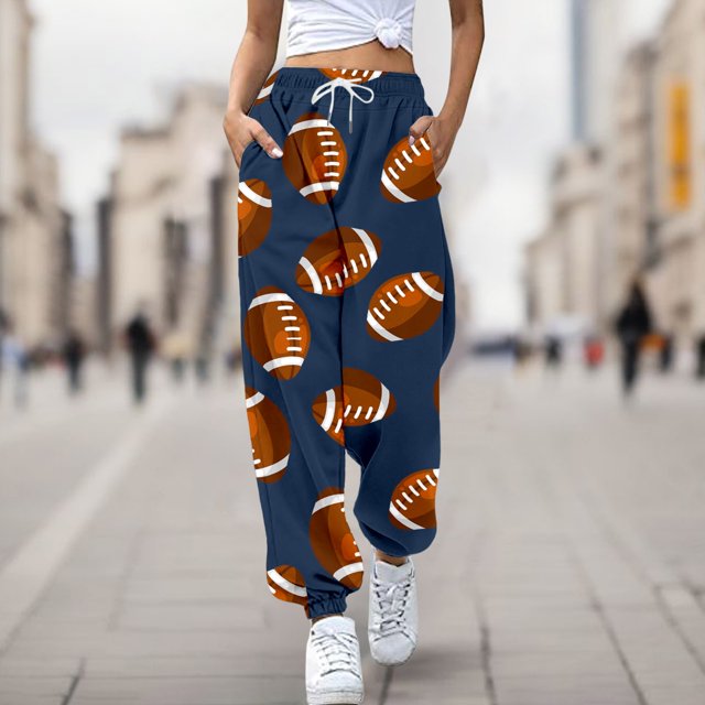 MKLEKYY Vêtements d'Automne pour Femmes Pantalon de Rugby Imprimé Poches Lâches Sangle Cheville Taille Haute Pantalon de Randonnée Décontracté