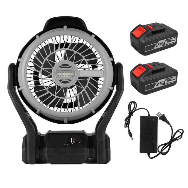 Graflsoa Ventilateur Industriel 21V à Double Alimentation avec Lumière LED, Batterie 4000mAh, Rotation à 120°, Vitesse Réglable, pour Usage Intérieur/extérieur, Noir, Norme US, 2 Batteries et Chargeur Inclus