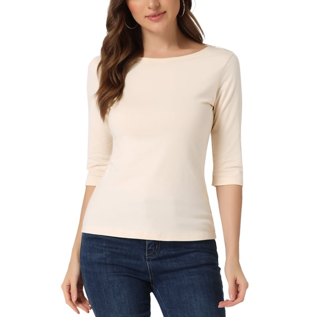 INSPIRE CHIC Hauts pour Femmes Manches au Coude Encolure Bateau Coupe Ajustée T-Shirt Classique Décontracté m Beige