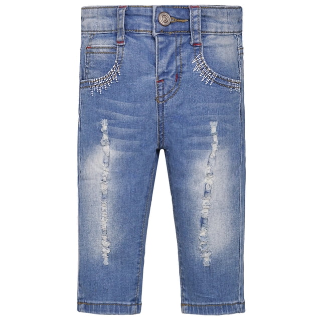 KIDSCOOL SPACE Baby Girls Little Kid Elastic Ripped Jeans StoneWashed Pants,12-18 Months