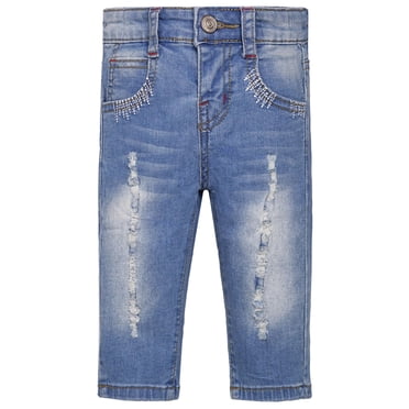 KIDSCOOL SPACE Baby Girls Little Kid Elastic Ripped Jeans StoneWashed Pants,5-6 Years