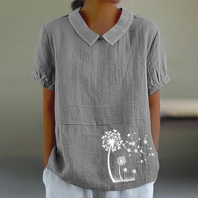 Jsaierl Chemises en Lin d'Été pour Femmes Imprimé Pissenlit Col à Revers Manches Courtes Blouses Simples Décontractées Polyvalentes