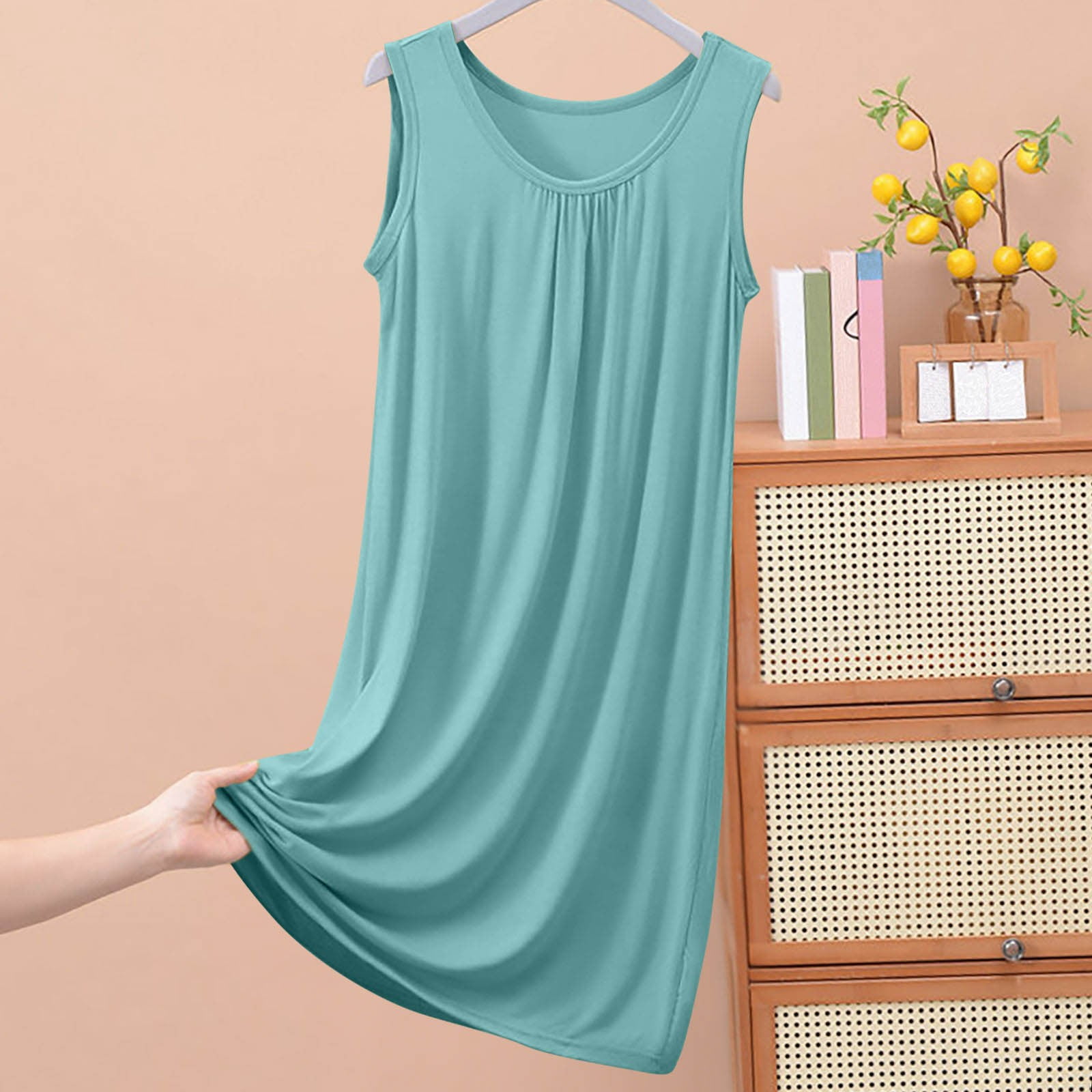 Elvqul Nuisette Sans Manches pour Femmes, Douce, Grande Taille, avec Poches, Robe de Nuit Unie pour Femmes, Vert