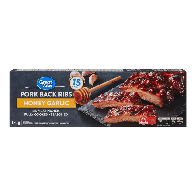 Great Value Honey Garlic Pork Back Ribs package showing pre-cooked, seasoned pork ribs glazed with honey garlic sauce on a dark slate surface, with a honey dipper and garlic clove illustration, 680 g, made in Canada, ready on the BBQ in 15 minutes.