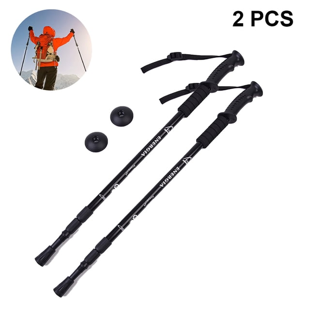 Poteaux de Randonnée et de Randonnée, Lot de 2 Pliables, Légers, Antichocs, Bâtons de Randonnée Ou de Marche Ajustables pour Hommes et Femmes. Fabriqués en Alliage d'Aluminium à Haute Résistance, Ces Poteaux de Randonnée Noirs Comprennent des Poignées Ergonomiques en Plastique avec des Poignées en Mousse EVA pour le Confort et l'Absorption de la Sueur. Les Poteaux Sont Pliables avec une Conception Télescopique à Quatre Sections, s'Étendent jusqu'à 135 cm, et Comprennent des Sangles en nylon Ajustables pour une Maniabilité Sécuritaire. le Système à Ressort Antichocs Réduit la Tension sur